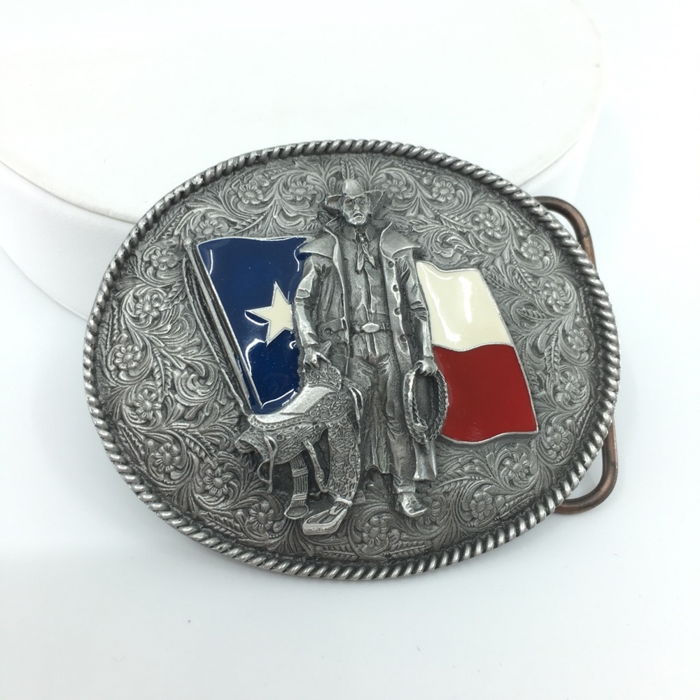 Vintage Texas State Flag Enameled Cowboy Belt Buckle By Bergamot 3D Pewter